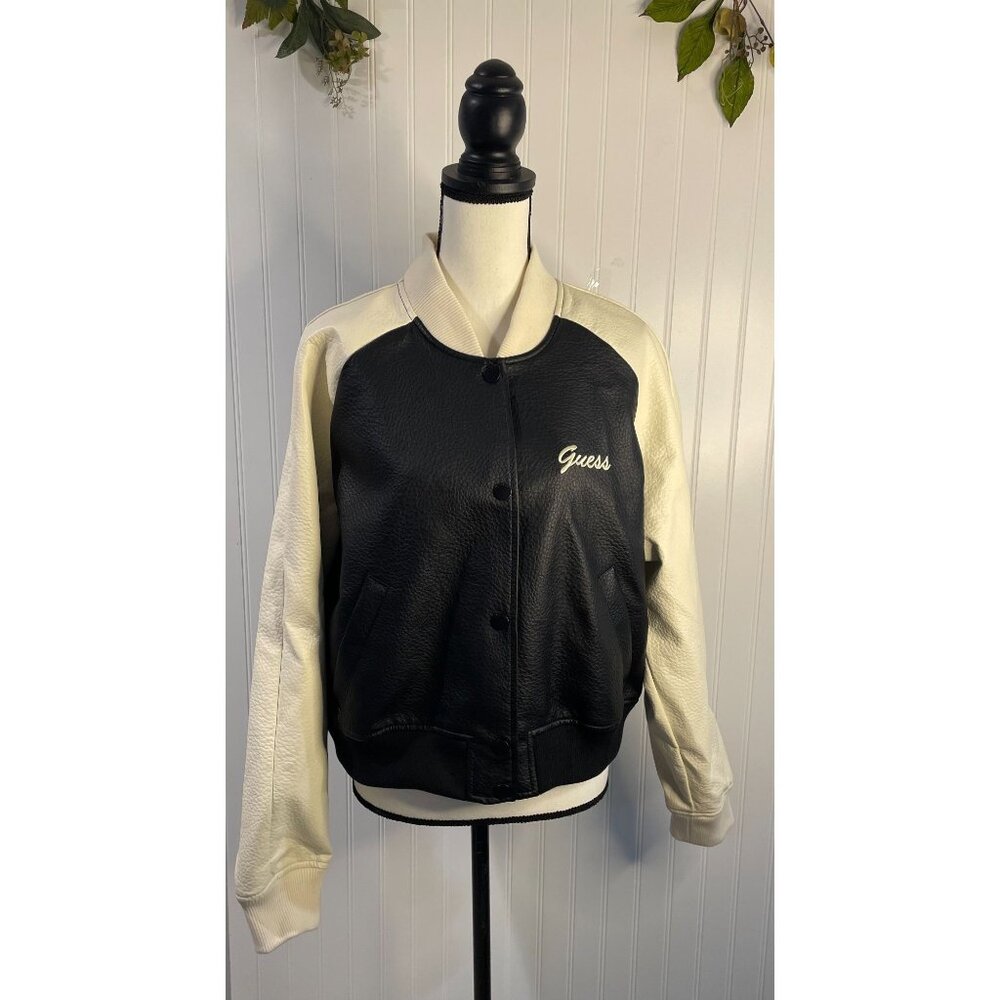 Guess Black & White Faux Leather Varsity Jacket With Snap-Button Closure Size L